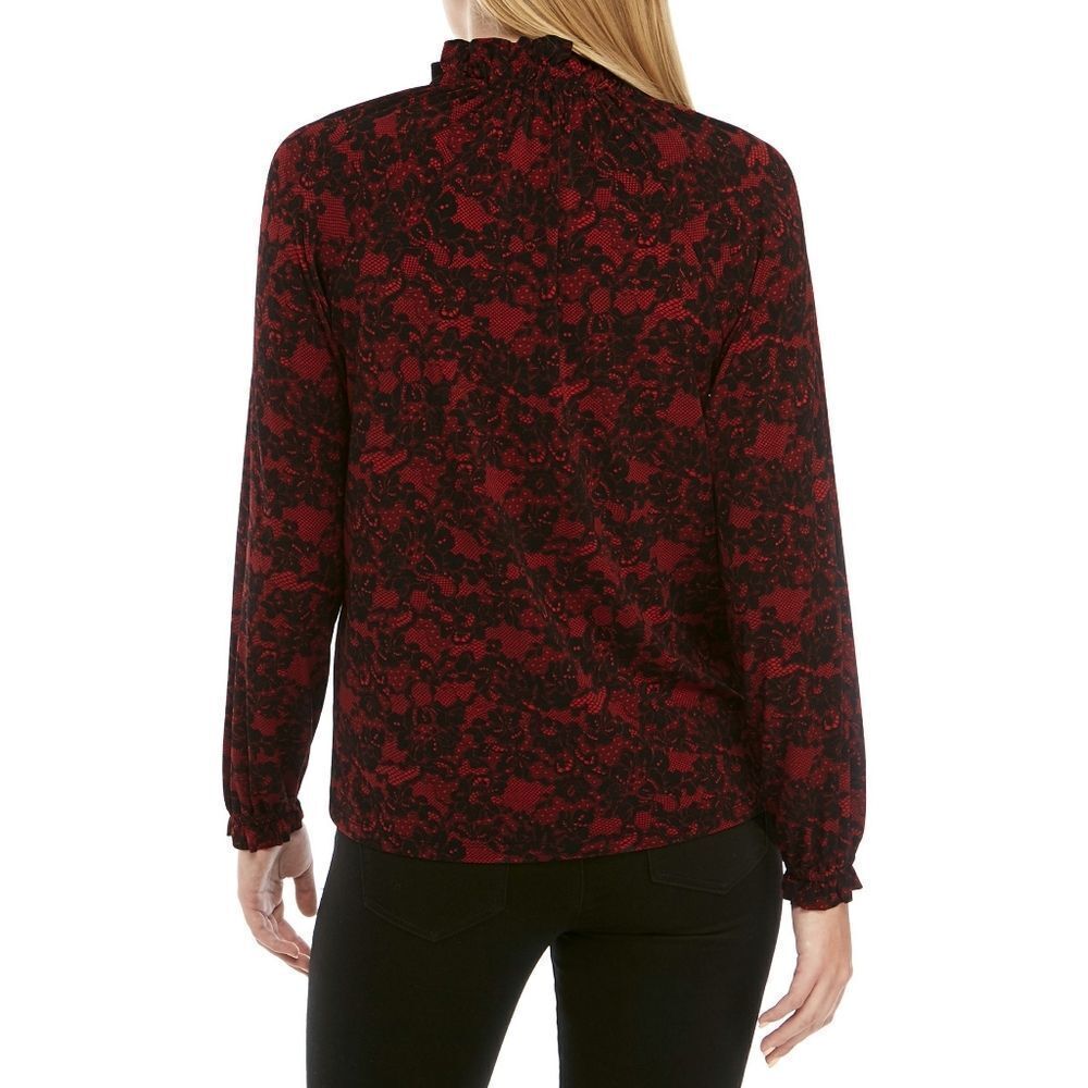 New! MICHAEL KORS Women's Lace Print Ruffled Tie-Neck Top Blouse XS Red Black - Picture 4 of 4